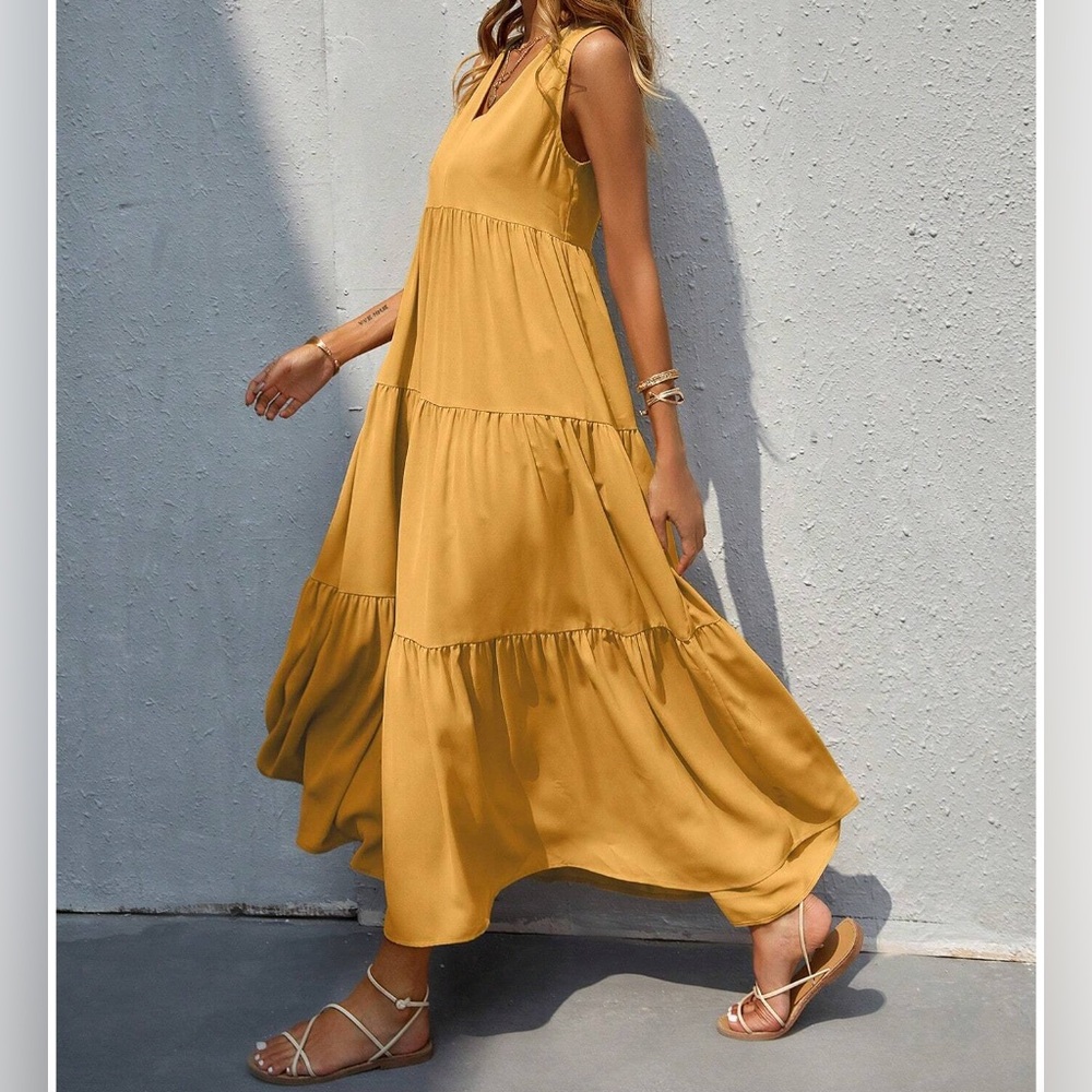 LAST ONE 🔥 Boho V Neck Ruffle Hem Smock Dress Yellow * - Picture 2 of 7